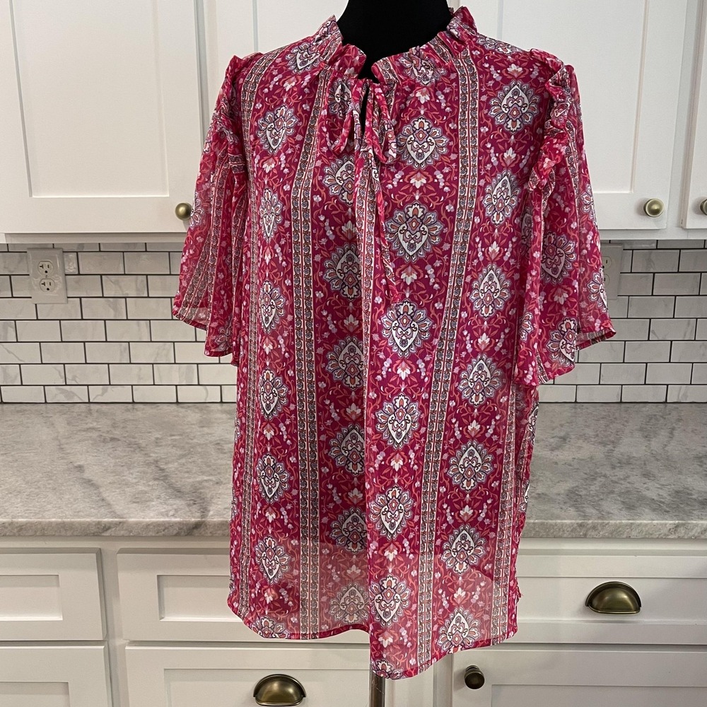 GeeGee Tunic Blouse Womens 2X Pink Floral Sheer Chiffon Ruffle Sleeve Boho Top